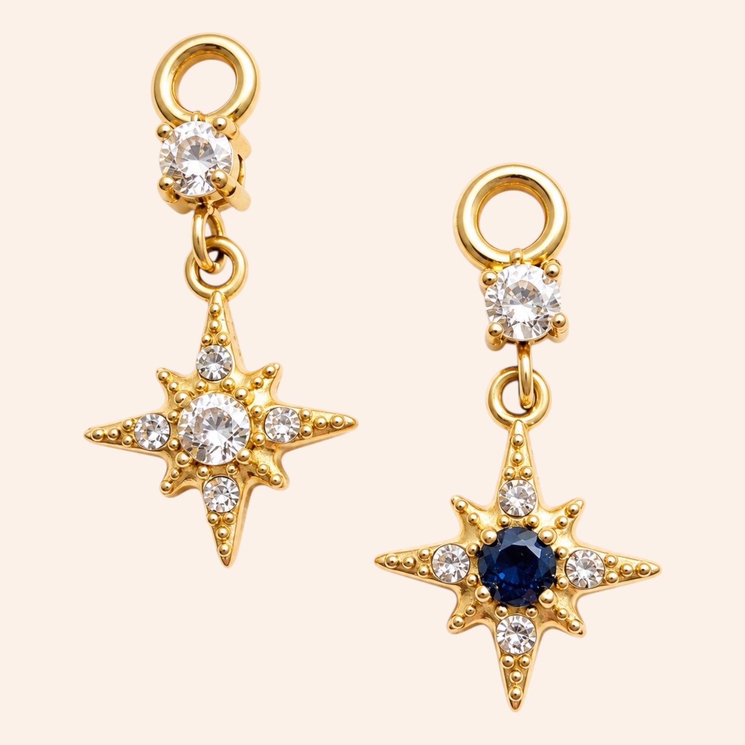 Ma boutique Astre interchangeable gold star earring charms with clear and blue crystal accents in stainless steel