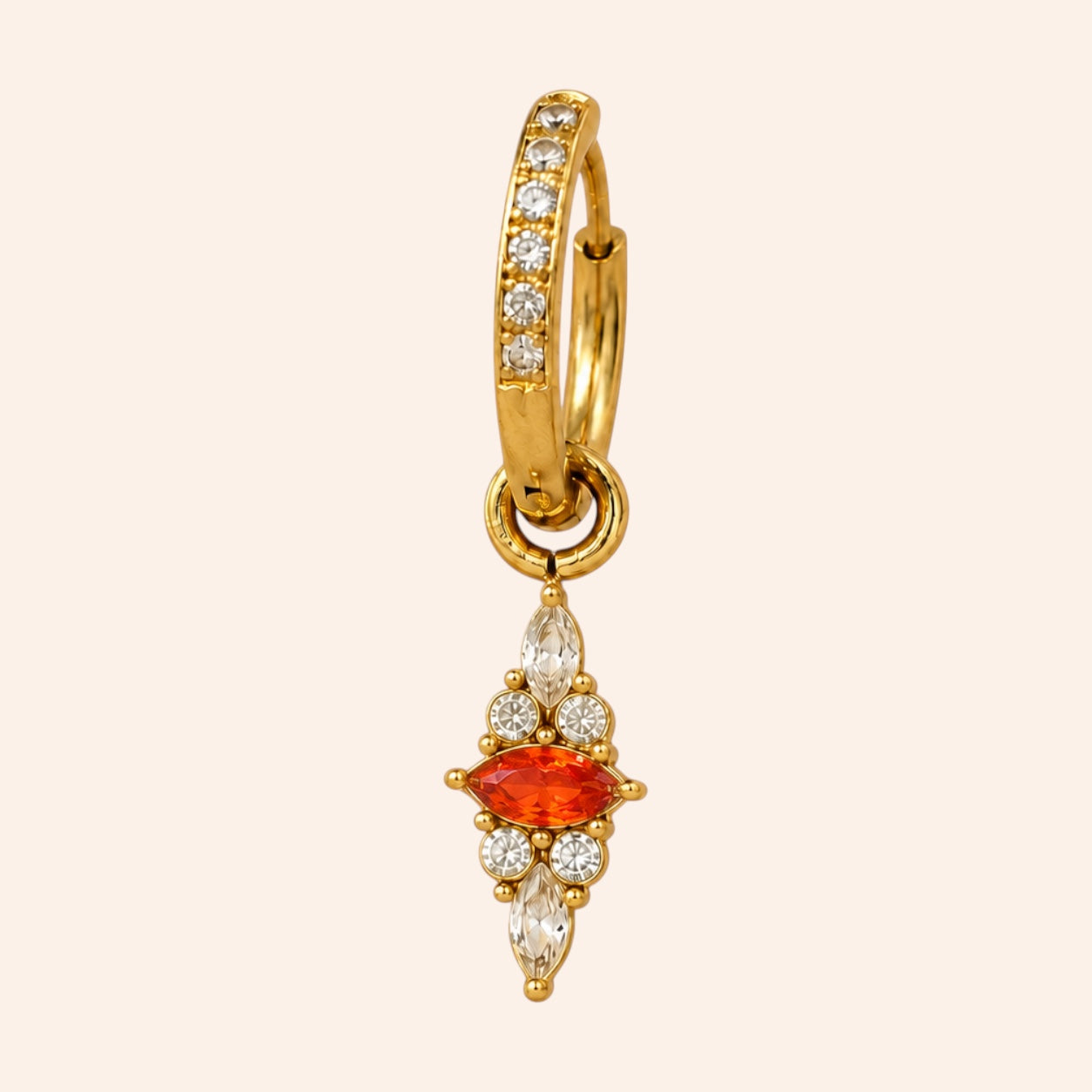 Ma boutique Corail interchangeable gold earring charm with a vibrant coral stone and sparkling crystals