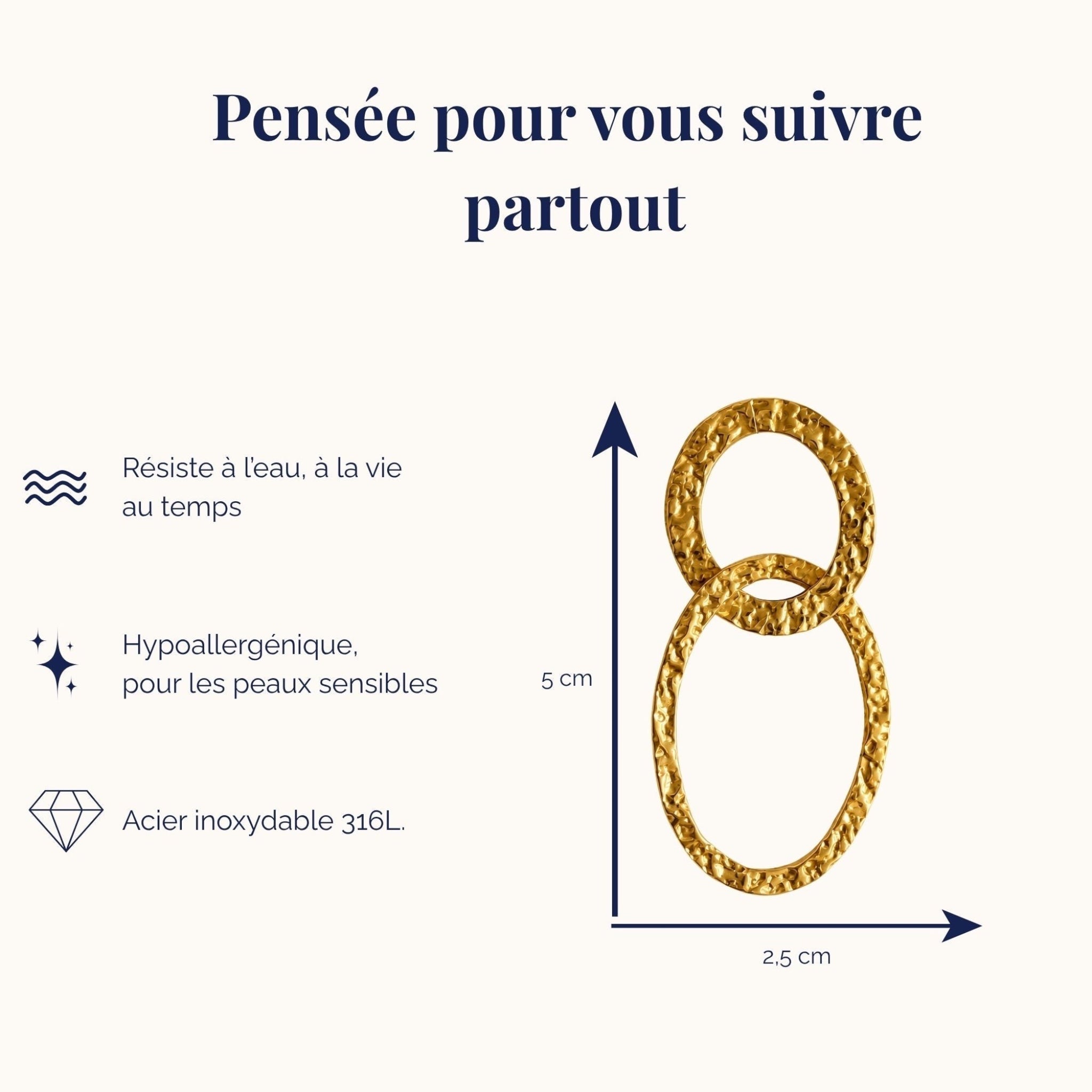 Ma boutique Éclipse gold interchangeable earring charm featuring two interlocking textured rings in stainless steel