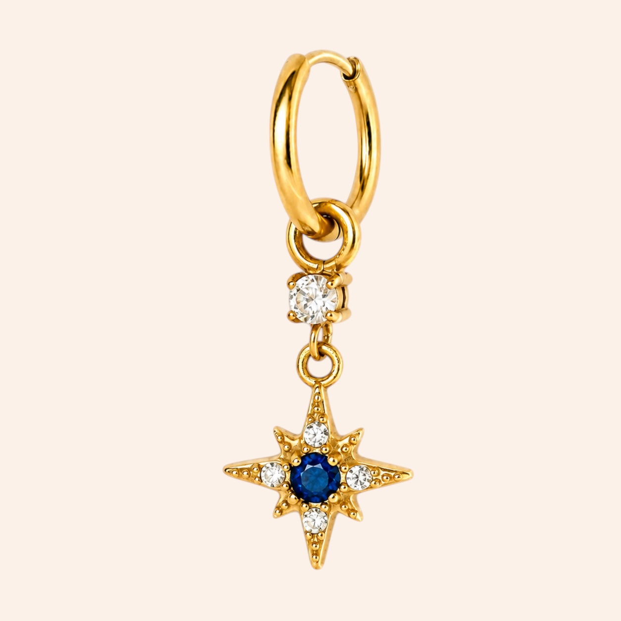 Ma boutique gold star earring charm with blue and clear stones on a hoop, crafted from stainless steel.