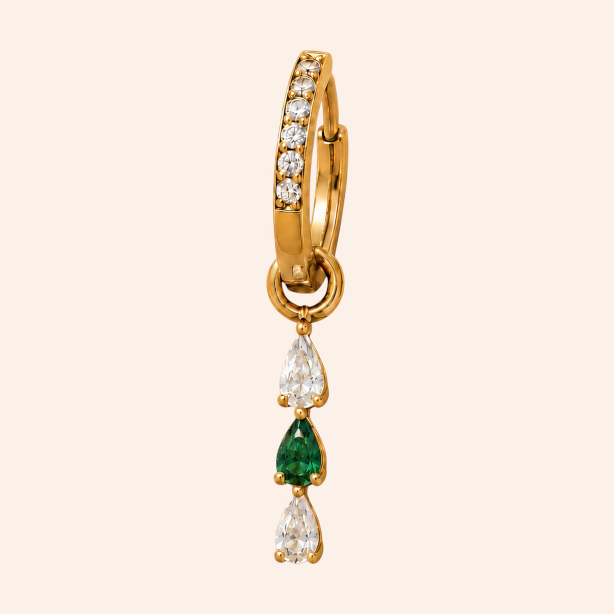 Ma boutique Goutte interchangeable earring charm with gold-tone stainless steel and teardrop green and clear stones.