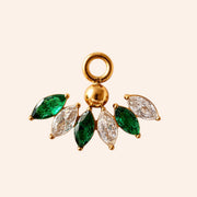 Ma boutique Iris interchangeable earring charm in gold stainless steel with marquise-cut green and clear stones.