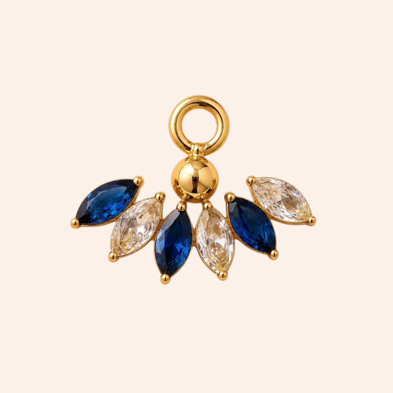Ma boutique Iris interchangeable earring charm featuring gold-tone stainless steel with blue and clear marquise stones.