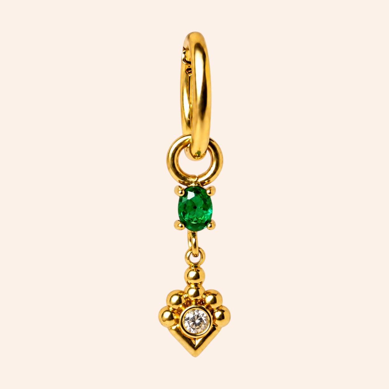Ma boutique Joyau interchangeable earring charm featuring a green stone and gold stainless steel details.