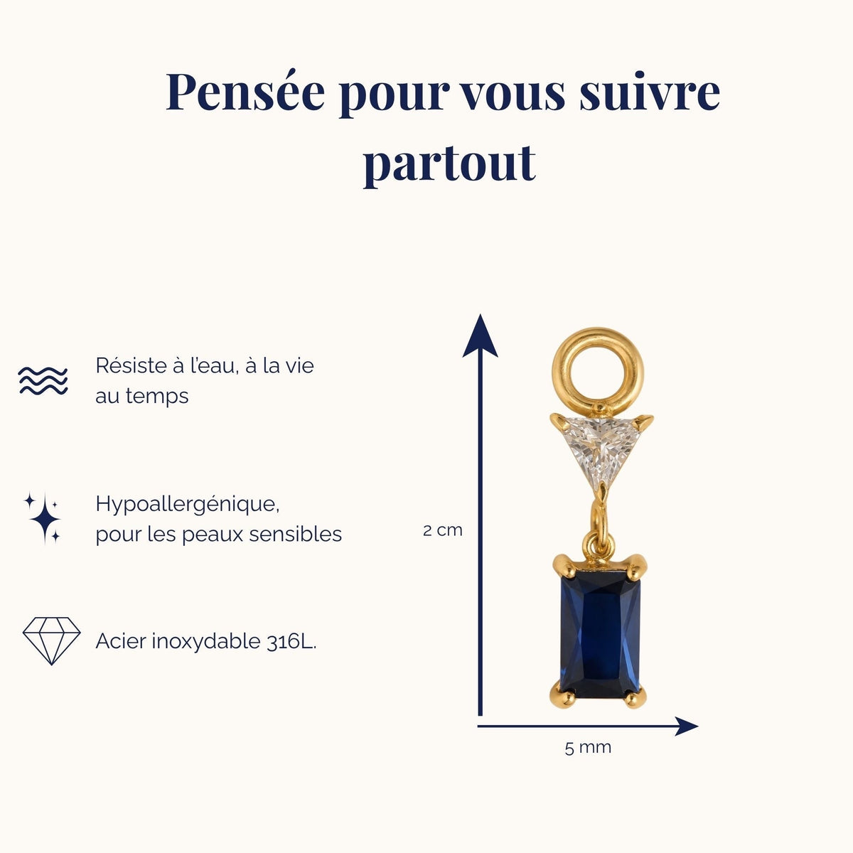 Ma boutique Minuit interchangeable earring charm featuring a rectangular dark blue stone on a gold stainless steel base