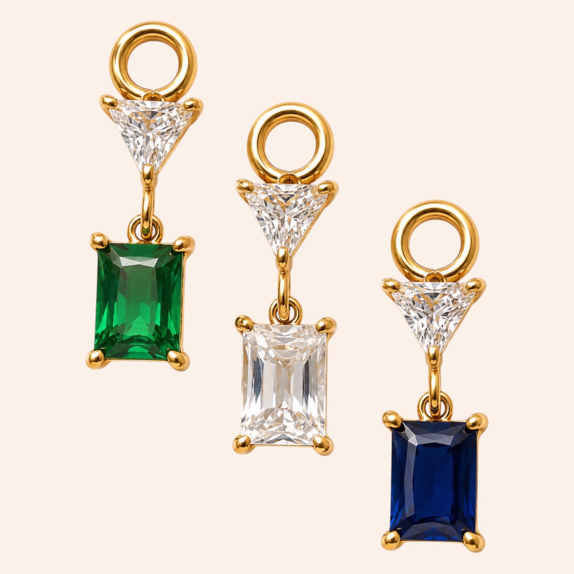 Ma boutique Minuit interchangeable earring charms in gold stainless steel with green, clear, and blue rectangular stones