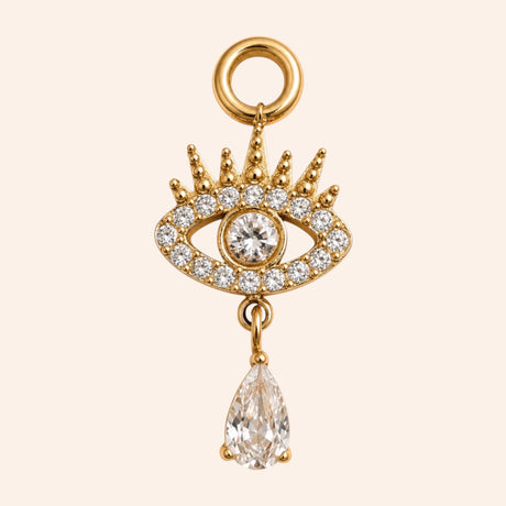 Ma boutique Nazar gold interchangeable earring charm featuring a crystal-encrusted evil eye motif with a teardrop gem