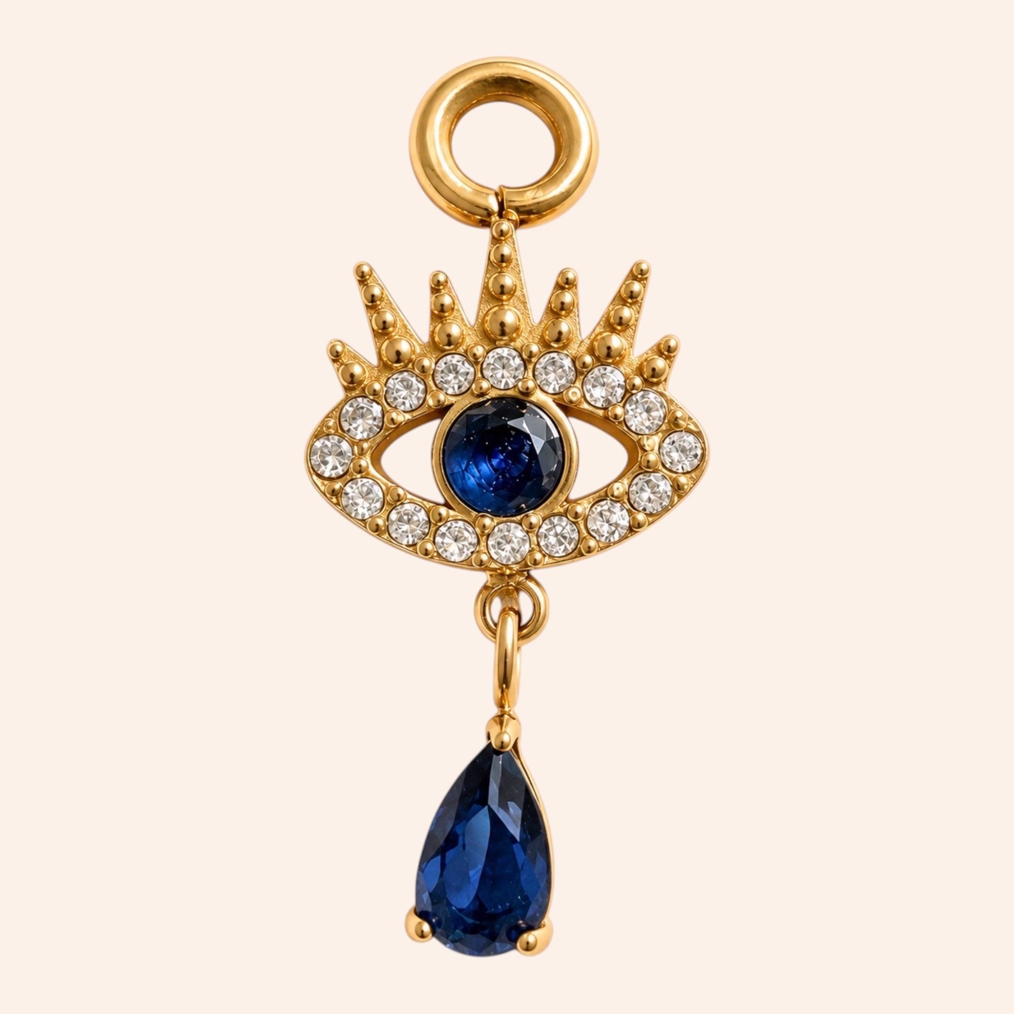 Ma boutique Nazar gold interchangeable earring charm featuring a blue eye motif with crystals and a teardrop pendant