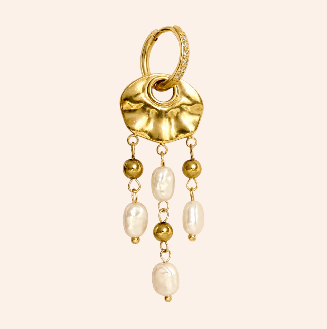 Ma boutique Néréide interchangeable earring charm with gold-tone metal, dangling pearls, and textured gold disc.
