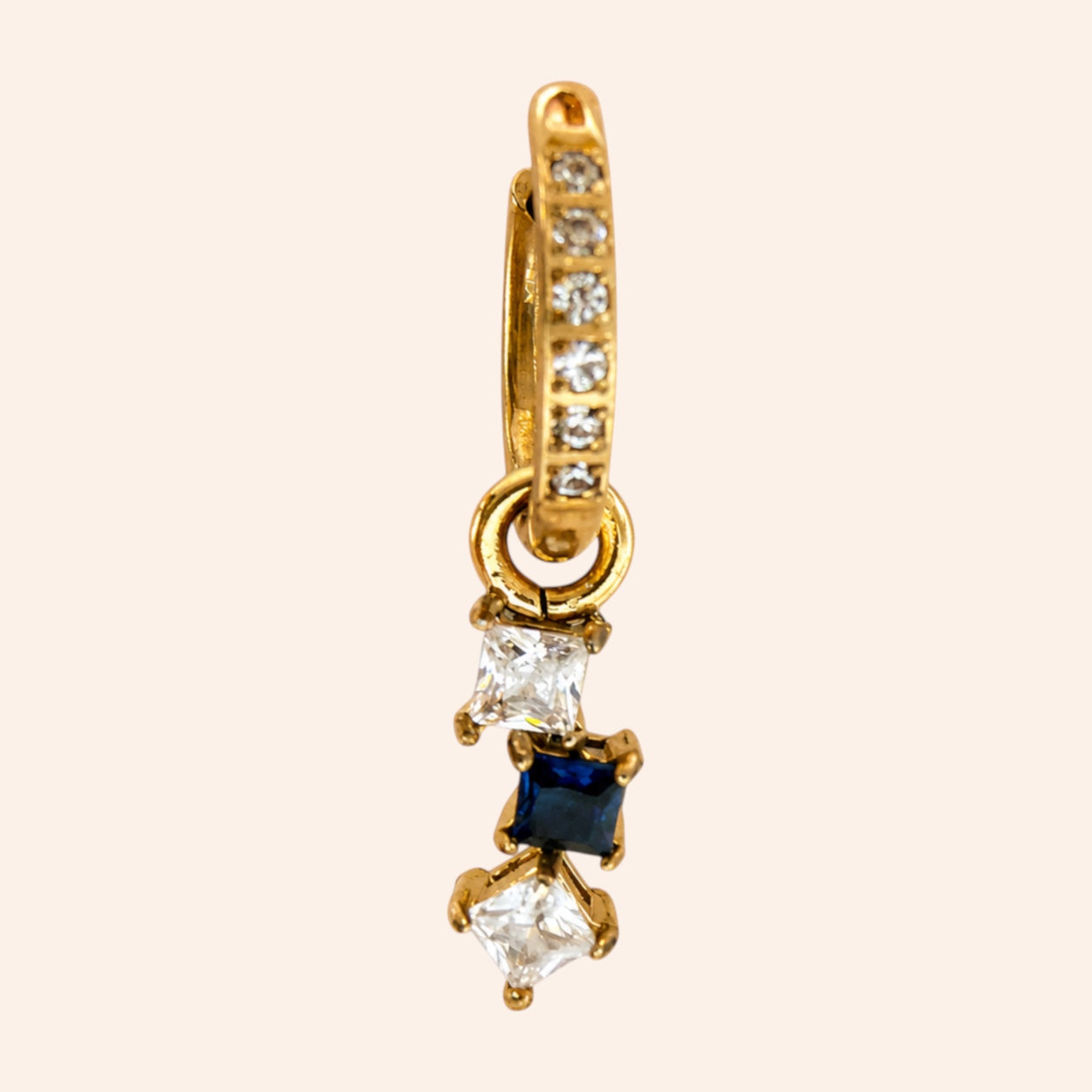 Ma boutique Prisme interchangeable earring charm with gold-tone stainless steel, clear and blue square-cut stones.