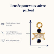 Ma boutique Regard interchangeable earring charm in gold stainless steel with blue and clear crystal accents.