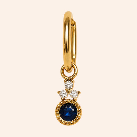Ma boutique Rosace interchangeable gold earring charm with a round blue stone and clear crystal accents