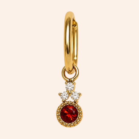 Ma boutique Rosace interchangeable gold stainless steel earring charm with a red stone and clear crystal accents