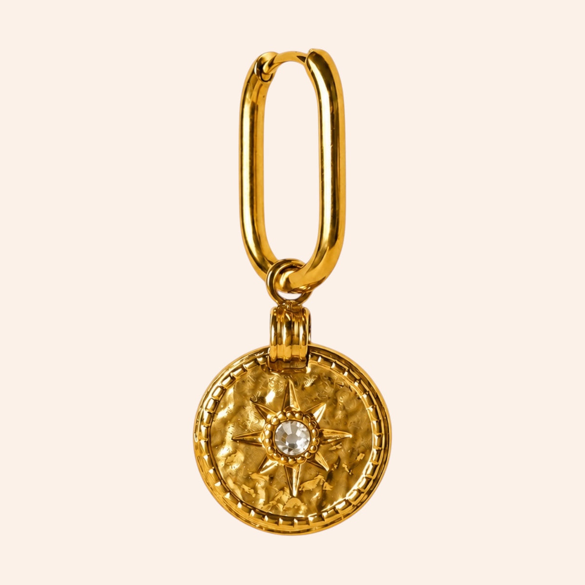 Ma boutique Sol gold sun medallion charm for hoop earrings with a central crystal detail and textured finish.