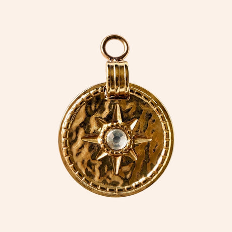 Ma boutique Sol gold sun charm for earrings with a textured finish and central crystal detail